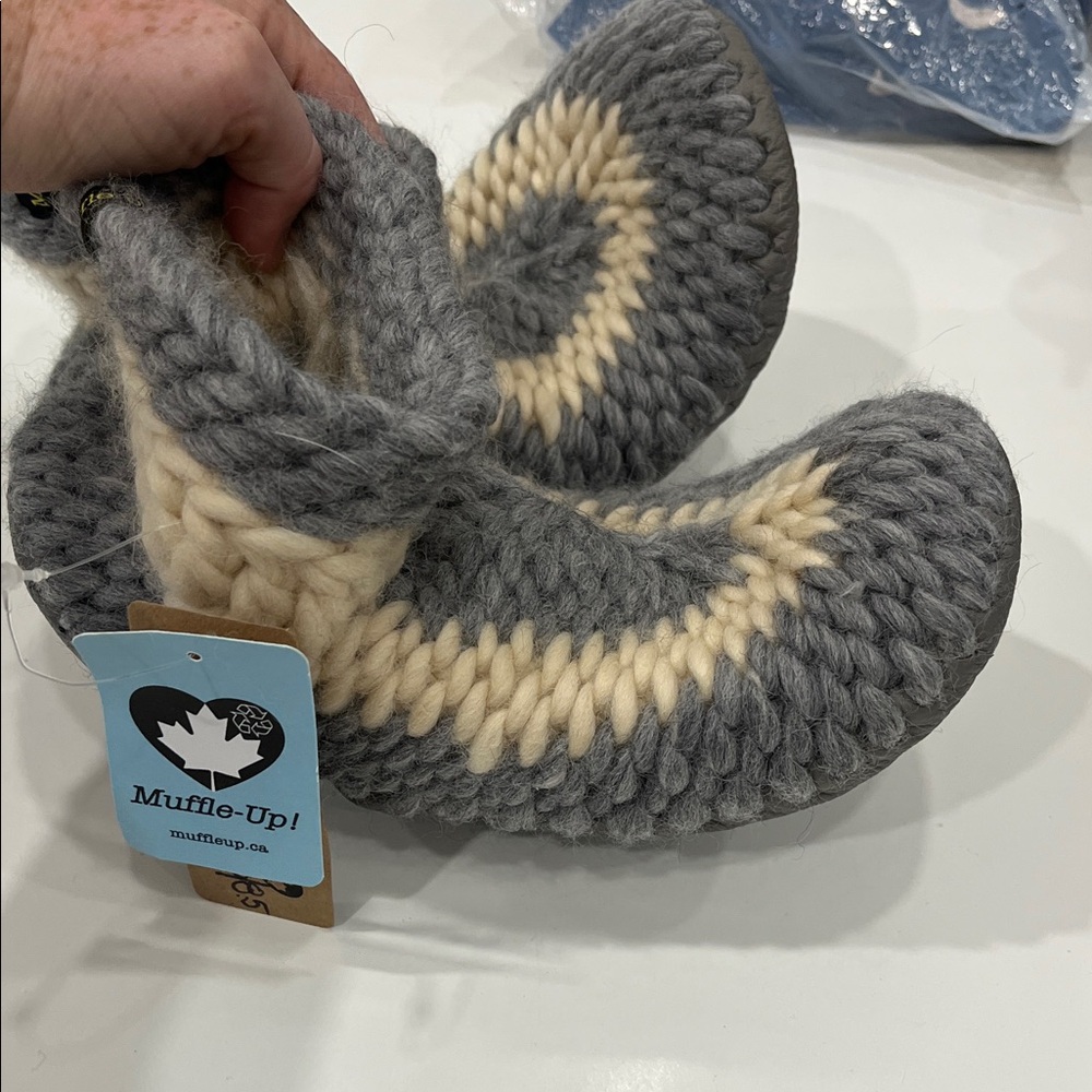 Gray and Cream Wool Knit Slippers NWT